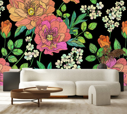 Black Wallpaper with Brightly Flowers