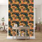 Orange Wallpaper with Tropical Leaves